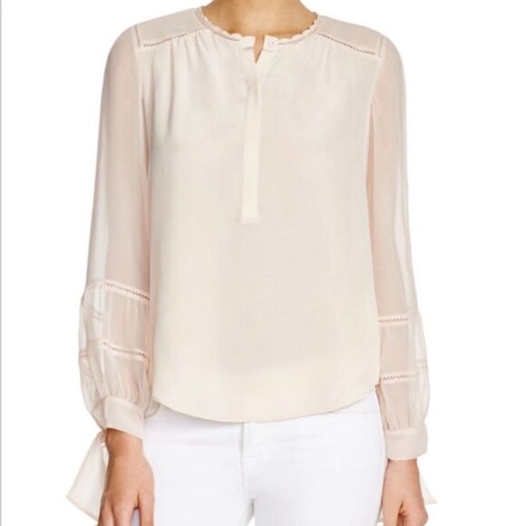 Rebecca Taylor Sarah Silk Blouse Lace Detail Tie Cuffs Long Sleeve In Chalk Sz 8 - Picture 1 of 16